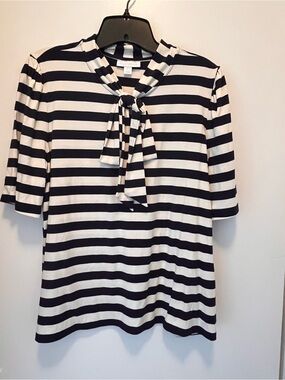 Charter Club Black and White Striped Tie-Neck Blouse